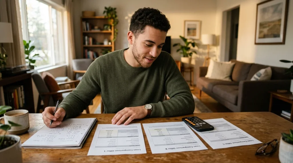 How Do Loans Work? A Plain-English Guide to Borrowing 4 Man comparing three loan offers to understand how loans work before choosing