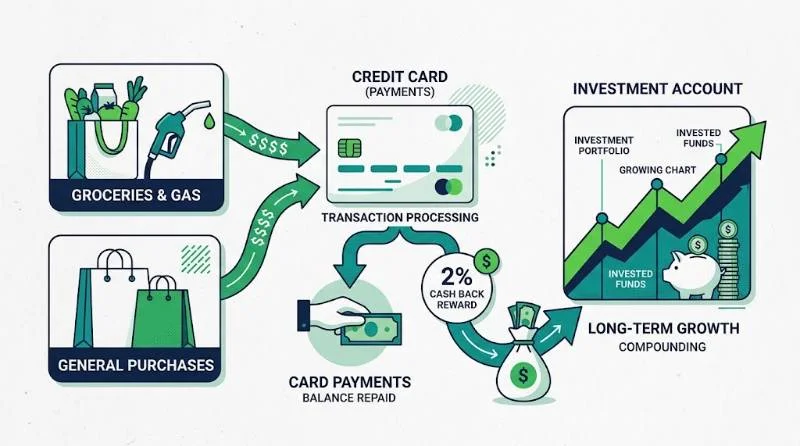 Fidelity Card Review: How the 2% Cash Back Really Works 2 Diagram showing how a fidelity card turns purchases into 2% cash back deposited into an investment account