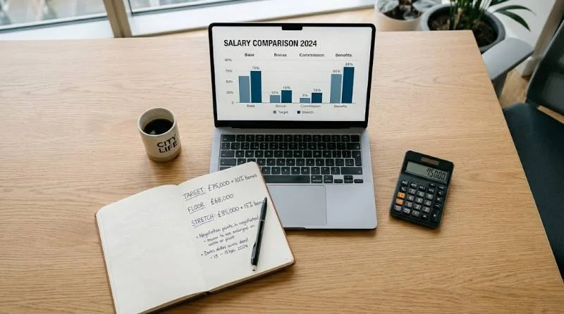 Notebook and laptop with salary research used to prepare how to answer salary expectations
