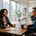 Job candidate calmly discussing how to answer salary expectations with a hiring manager