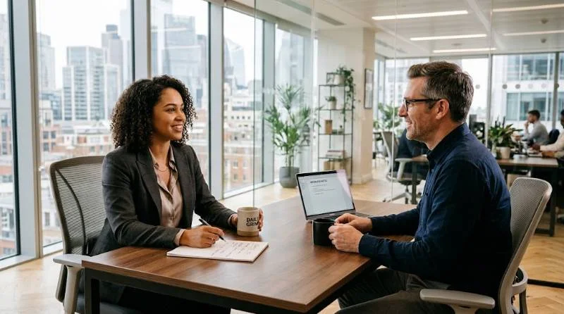 Job candidate calmly discussing how to answer salary expectations with a hiring manager
