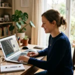 Woman at a laptop learning how to get a credit report free at home