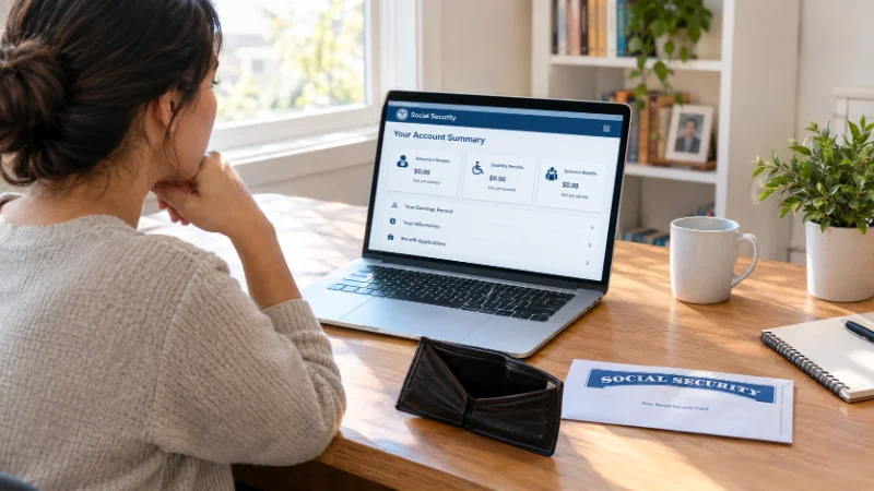 Person at a desk using a laptop to learn how to get a replacement Social Security card