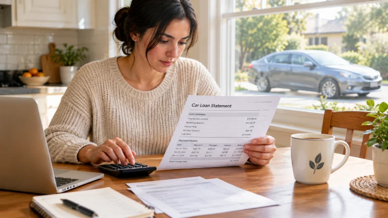 Person reviewing a loan statement to learn how to lower car payment without refinancing