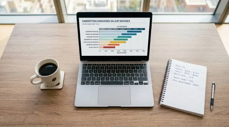 Laptop and notebook showing salary research, the first step in how to negotiate salary
