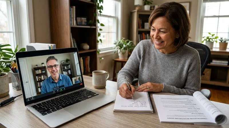 Professional using a script on a video call to practice how to negotiate salary