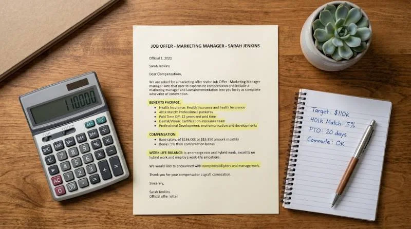 Offer letter with highlighted benefits illustrating how to negotiate salary and perks