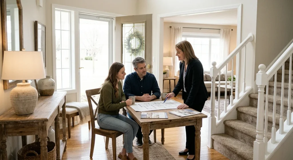 Couple at a model home sales center asking whether they can work with multiple realtors on a new build