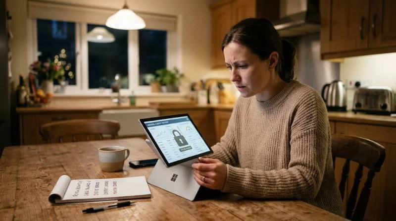 Person checking a credit report on a tablet after losing a card and learning how to get a replacement Social Security card