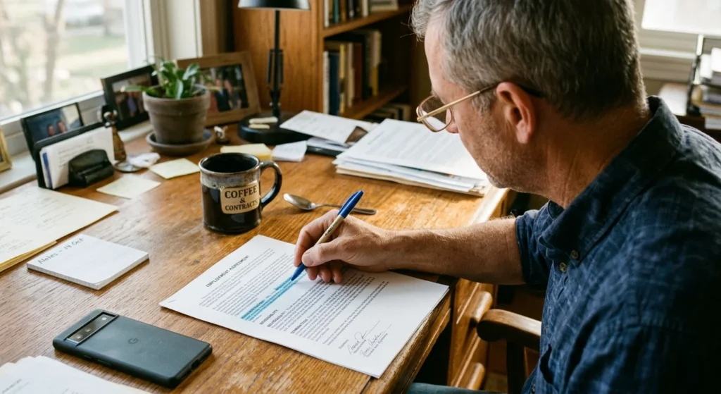 Man reviewing agreement terms to confirm whether he can work with multiple realtors