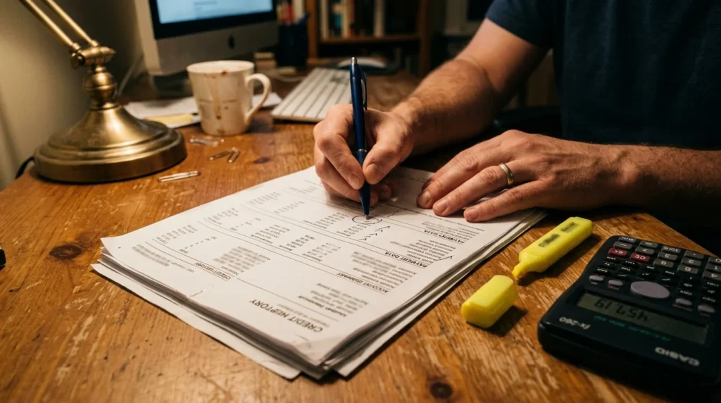 How to Get a Credit Report Free From All Three Bureaus 3 Reviewing a printed credit report after learning how to get a credit report free