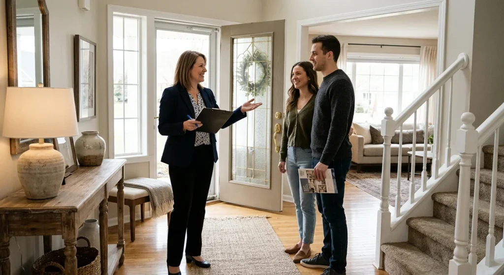 Buyers touring a home with an agent after deciding whether they can work with multiple realtors