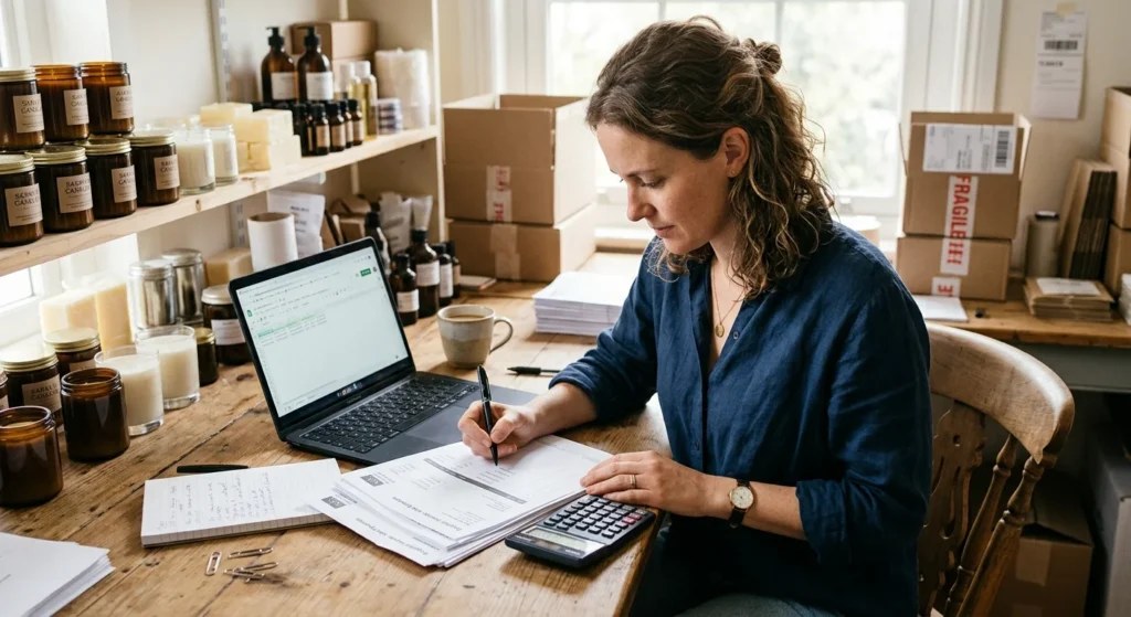 Small business owner reviewing invoices to understand what are variable costs