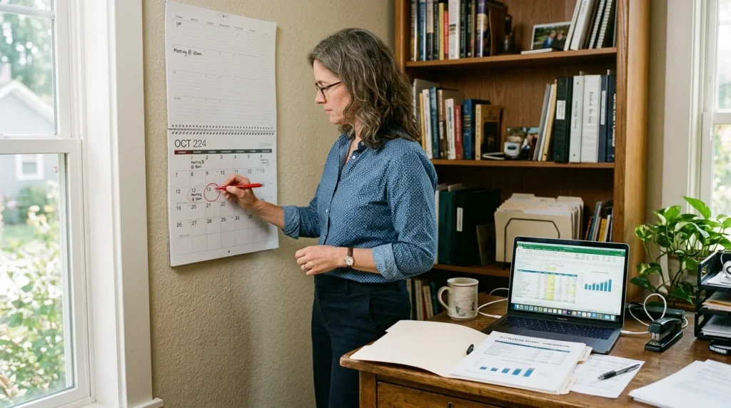 Business owner circling a deadline on a calendar to track when corporate taxes are due