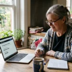 Woman reviewing when she can collect Social Security on a laptop at her kitchen table