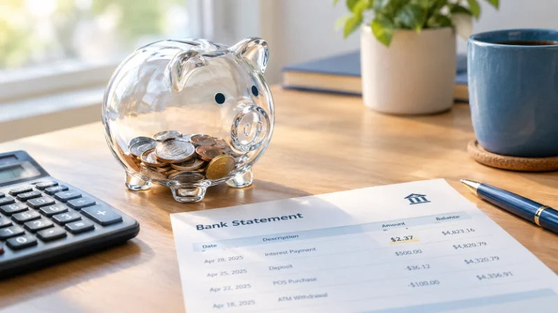Piggy bank beside a bank statement illustrating which savings account will earn you the least money