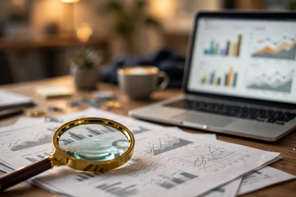 RobTheCoins Business: What the Company Is, What It Does, and How It Makes Money 1 Magnifying glass over business documents and a laptop showing company charts, investigating the RobTheCoins business