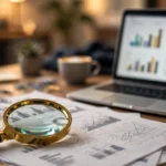 Magnifying glass over business documents and a laptop showing company charts, investigating the RobTheCoins business