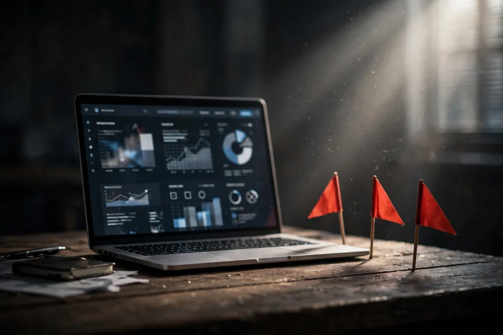 RobTheCoins Business: What the Company Is, What It Does, and How It Makes Money 4 Red warning flags next to a laptop showing a business opportunity website