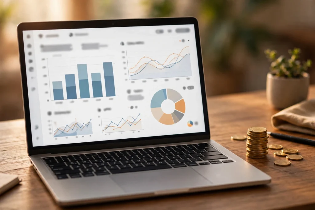 RobTheCoins Business: What the Company Is, What It Does, and How It Makes Money 3 Laptop showing advertising revenue dashboard with coins and charts representing how the site earns