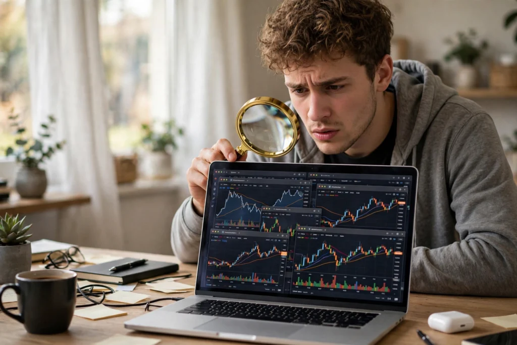 Confused reader researching RobTheCoins Blockchain claims on a laptop